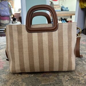 Naturalizer Beige and Brown Striped Canvas Tote with Pouch with Leather Handles